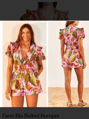 FARM Rio Pink Tropical Belted V-Neck Romper